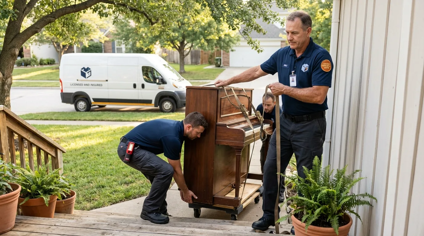 Licensed piano movers securing grand piano in Berlin, NH