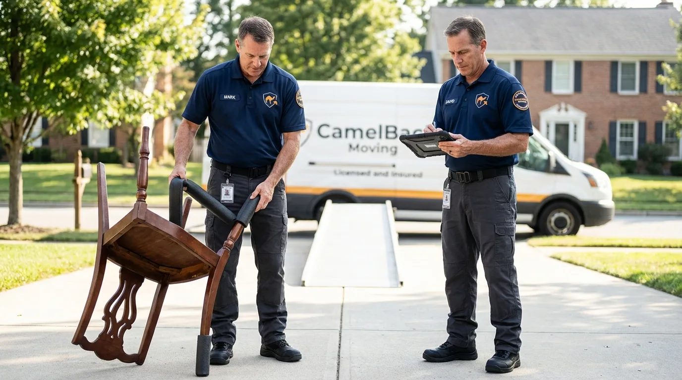 Movers inspecting furniture for damage prevention before loading in Berlin, NH