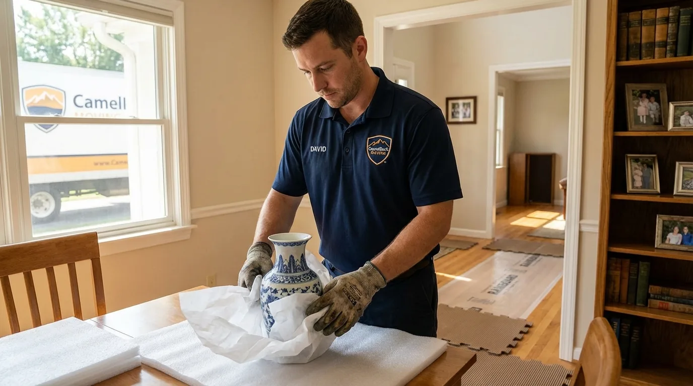 Professional crew carefully wrapping antique vase for senior downsizing move in Berlin, NH